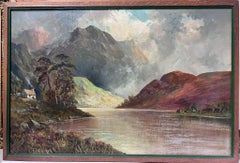 Antique Scottish Highland Landscape Loch Scene Signed Oil Painting on Canvas