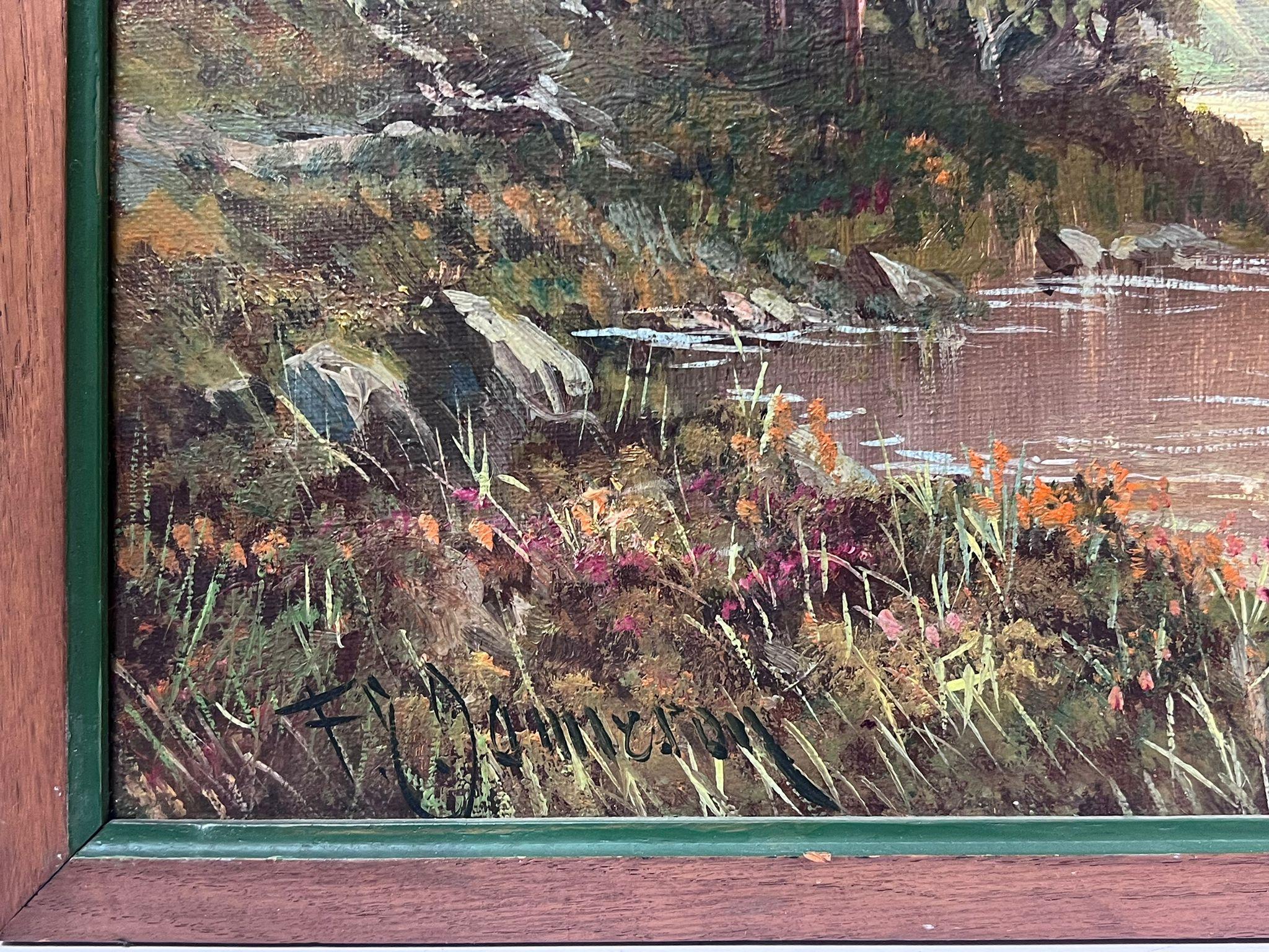 Antique Scottish Highland Landscape Loch Scene Signed Oil Painting on Canvas For Sale 1