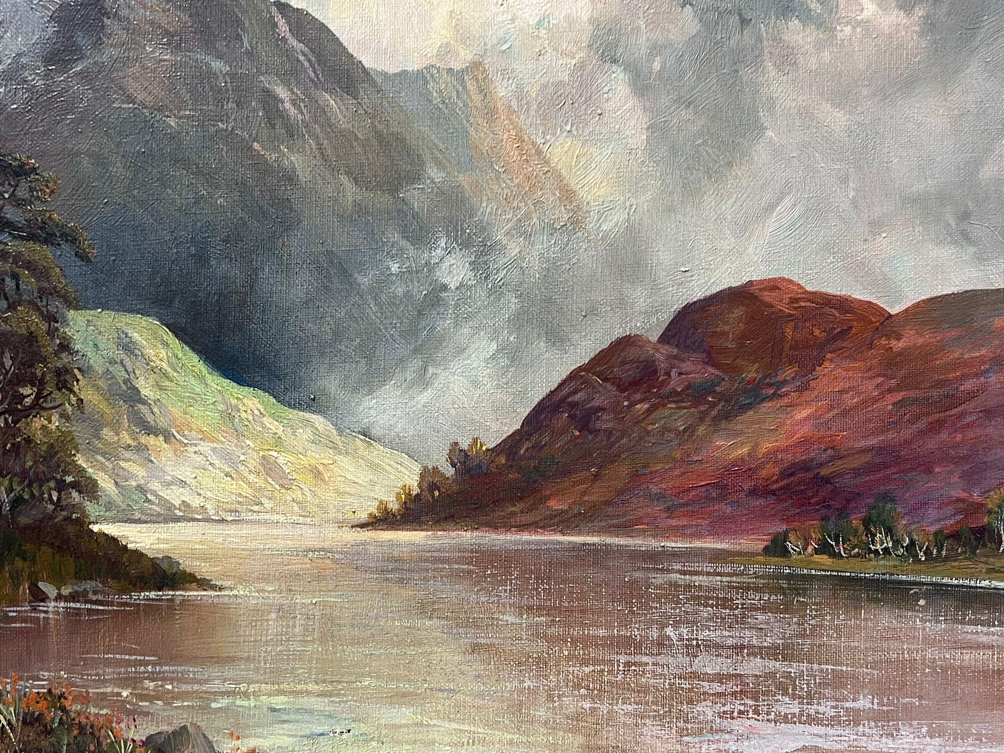 Antique Scottish Highland Landscape Loch Scene Signed Oil Painting on Canvas For Sale 3
