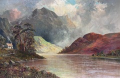 Antico paesaggio delle Highlands scozzesi, scena del lago, dipinto a olio su tela con firma