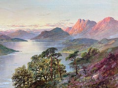 Antike schottische Highland-Landschaft Loch-Szene, signiertes Ölgemälde auf Leinwand
