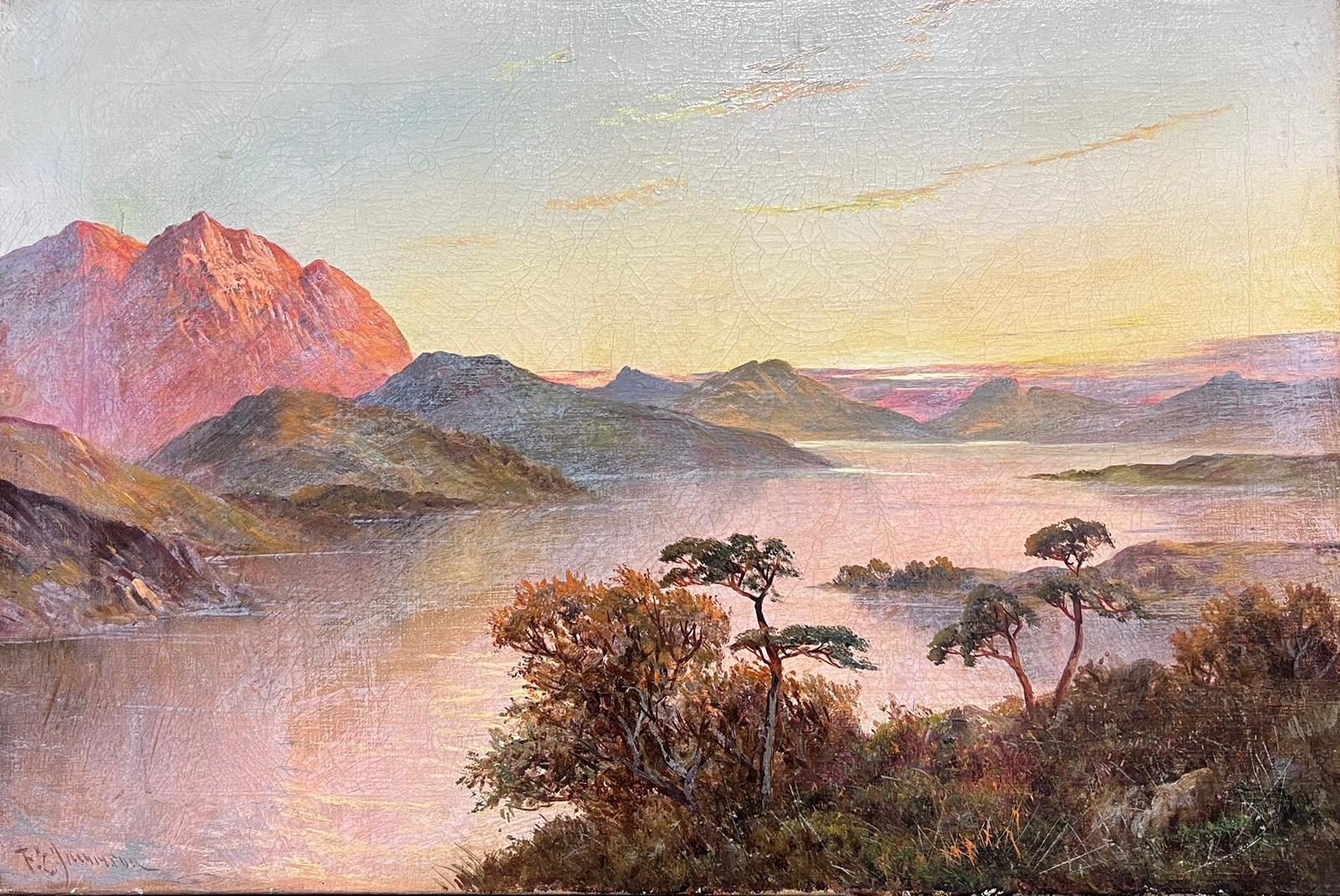 Landscape Painting di F. E. Jamieson - Antico paesaggio delle Highlands scozzesi, scena del lago, dipinto a olio su tela con firma