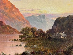 Antique Scottish Highland Landscape Loch Warm Sunset Sky Signed Oil Painting