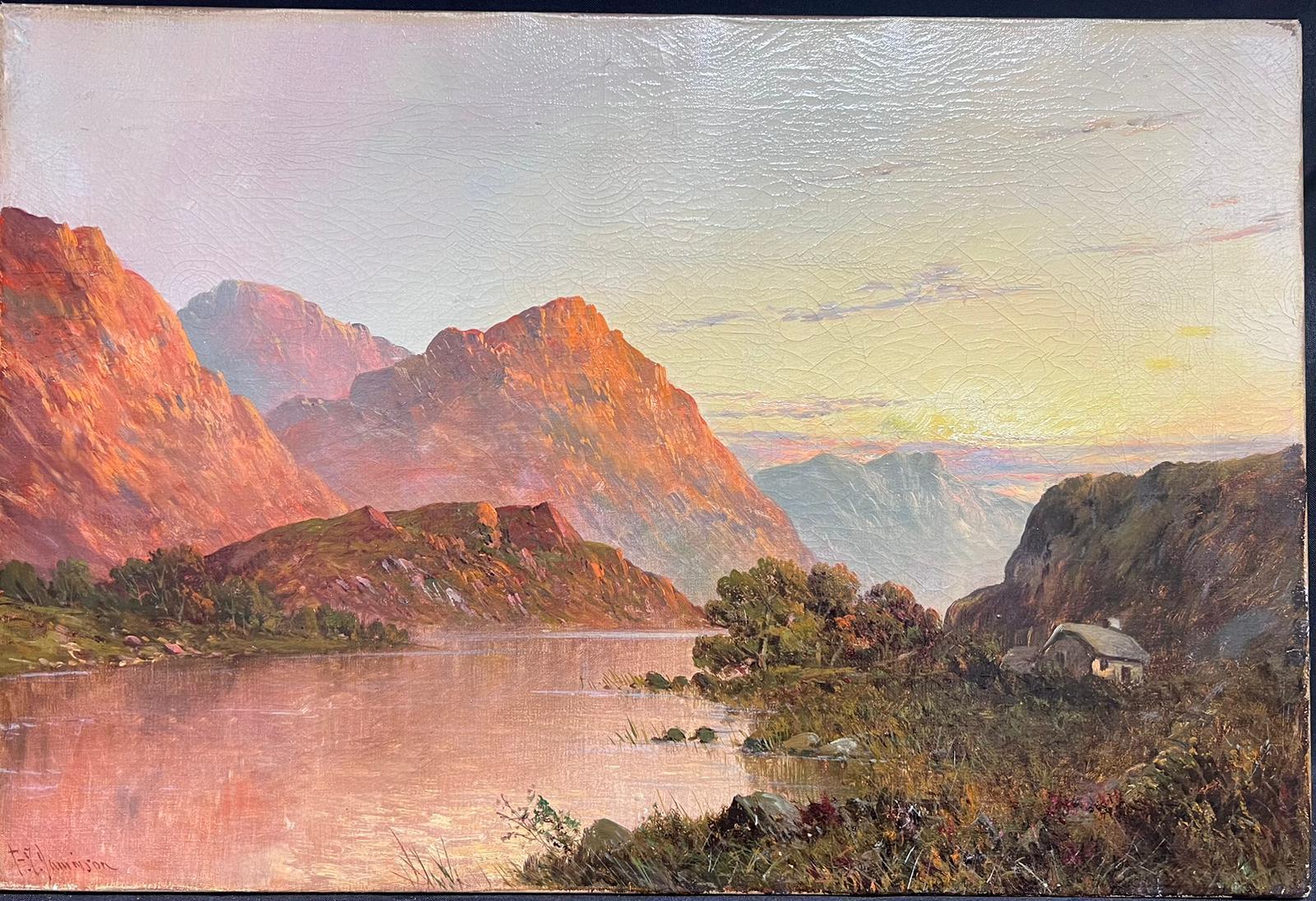 Antique Scottish Highland Landscape Loch Warm Sunset Sky Signed Oil Painting For Sale 1