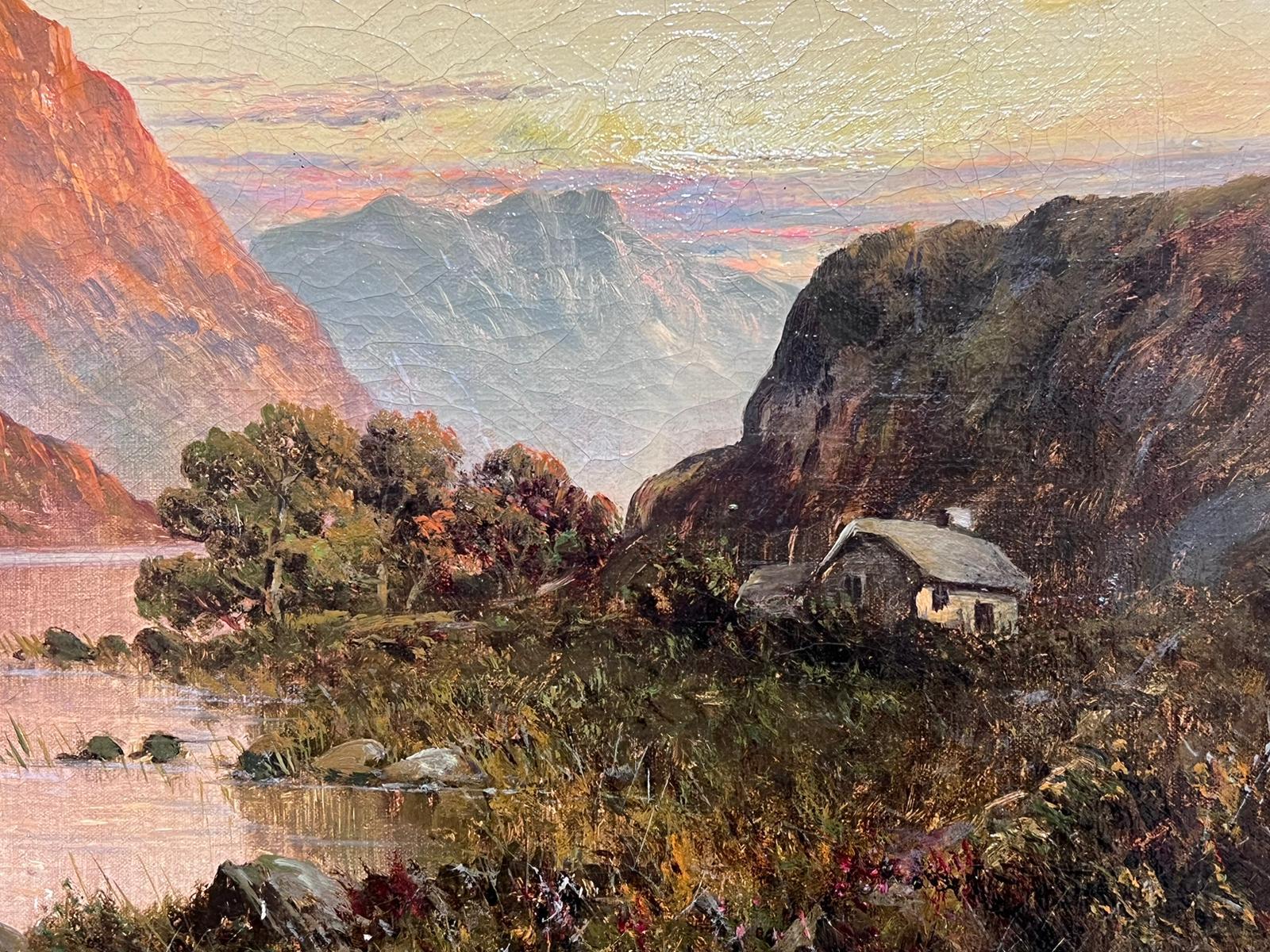 Antique Scottish Highland Landscape Loch Warm Sunset Sky Signed Oil Painting For Sale 2