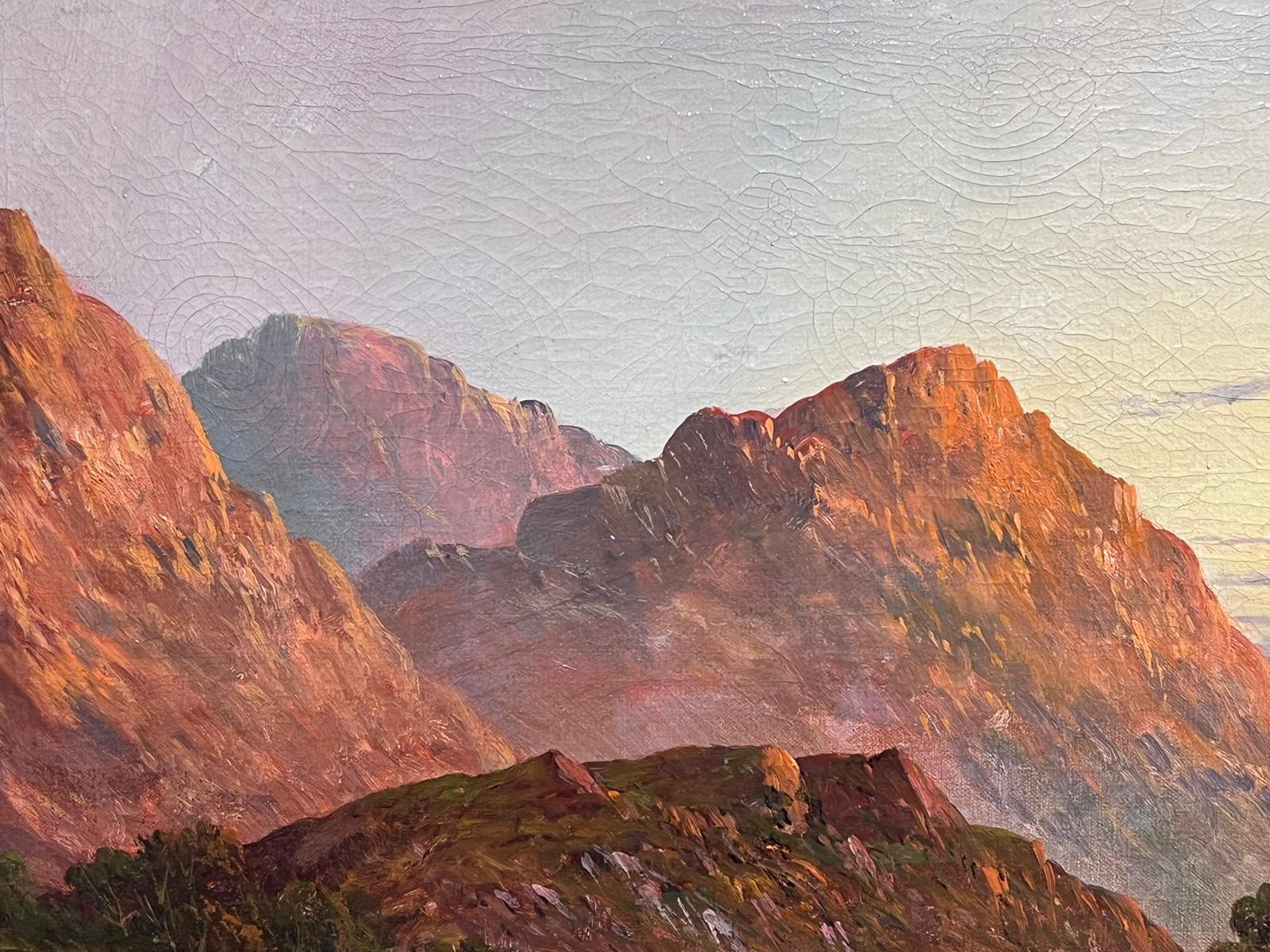 Antique Scottish Highland Landscape Loch Warm Sunset Sky Signed Oil Painting For Sale 4