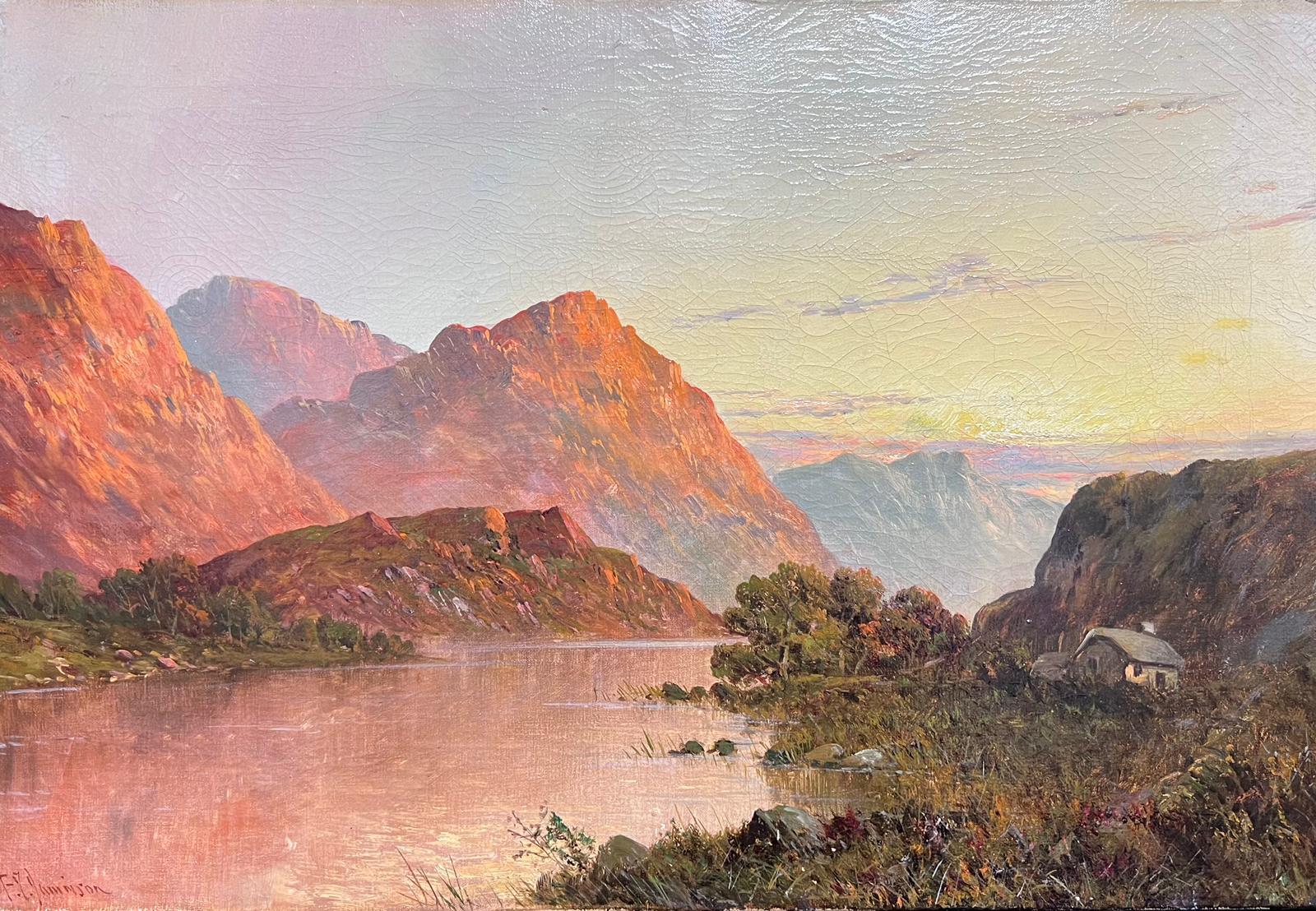 Antique Scottish Highland Landscape Loch Warm Sunset Sky Signed Oil Painting