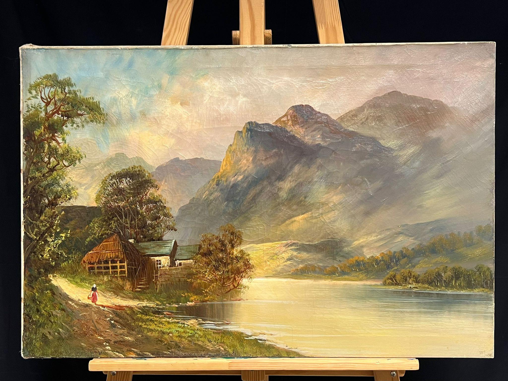 Antique Scottish Highland Landscape Oil Painting Figure by Loch Cottage - Brown Landscape Painting by F. E. Jamieson