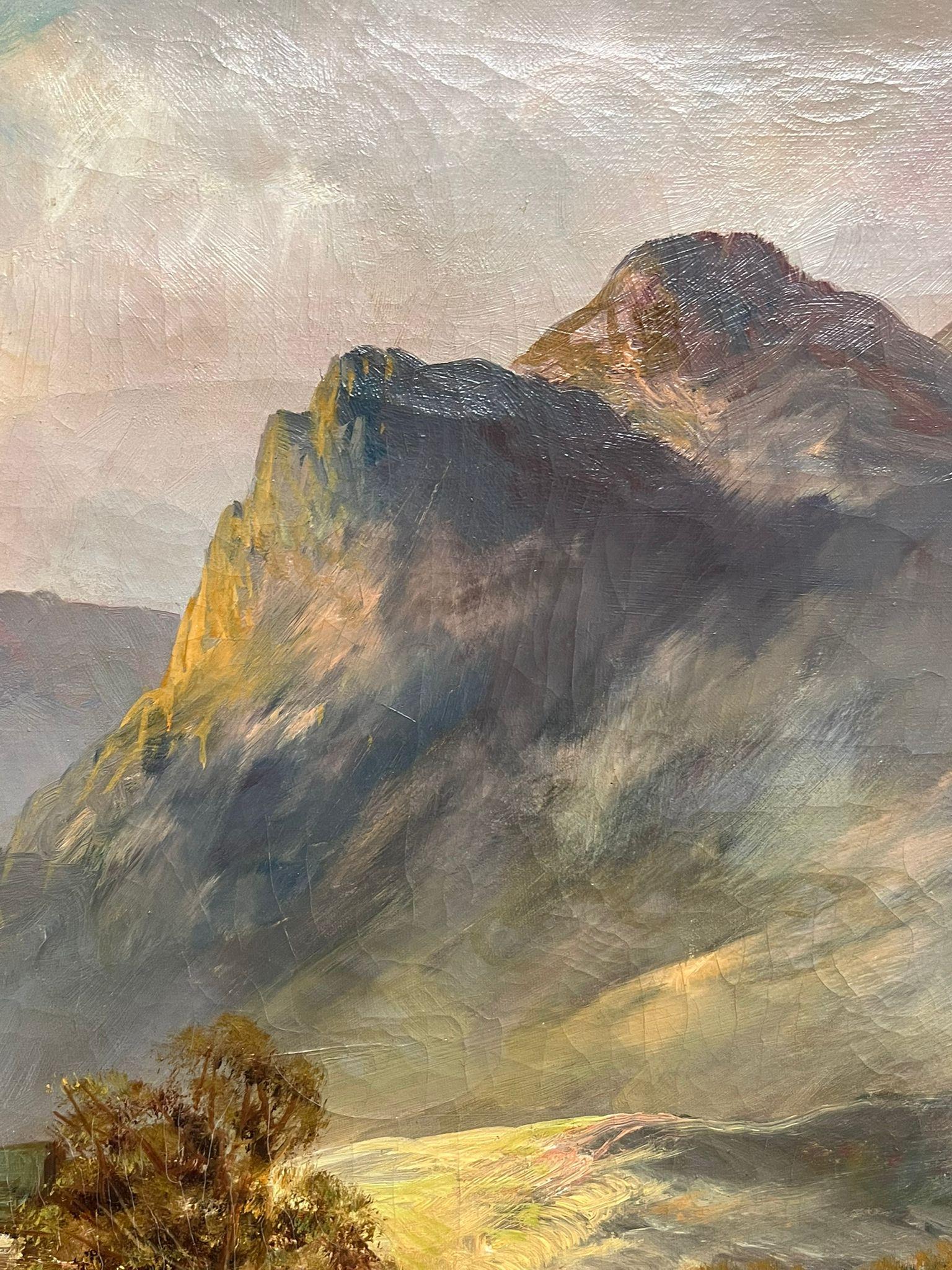 Antique Scottish Highland Landscape Oil Painting Figure by Loch Cottage For Sale 1