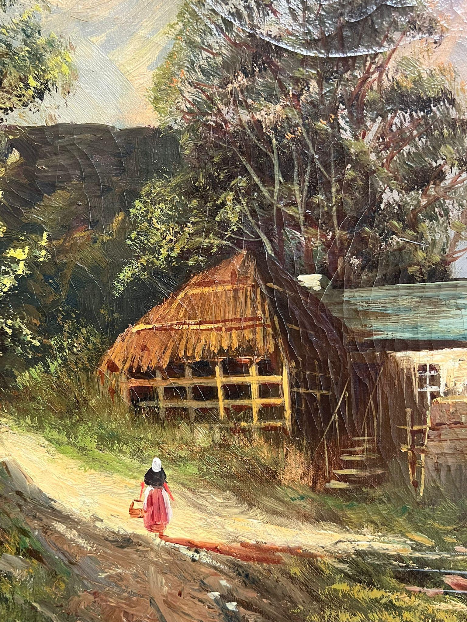 Antique Scottish Highland Landscape Oil Painting Figure by Loch Cottage For Sale 2