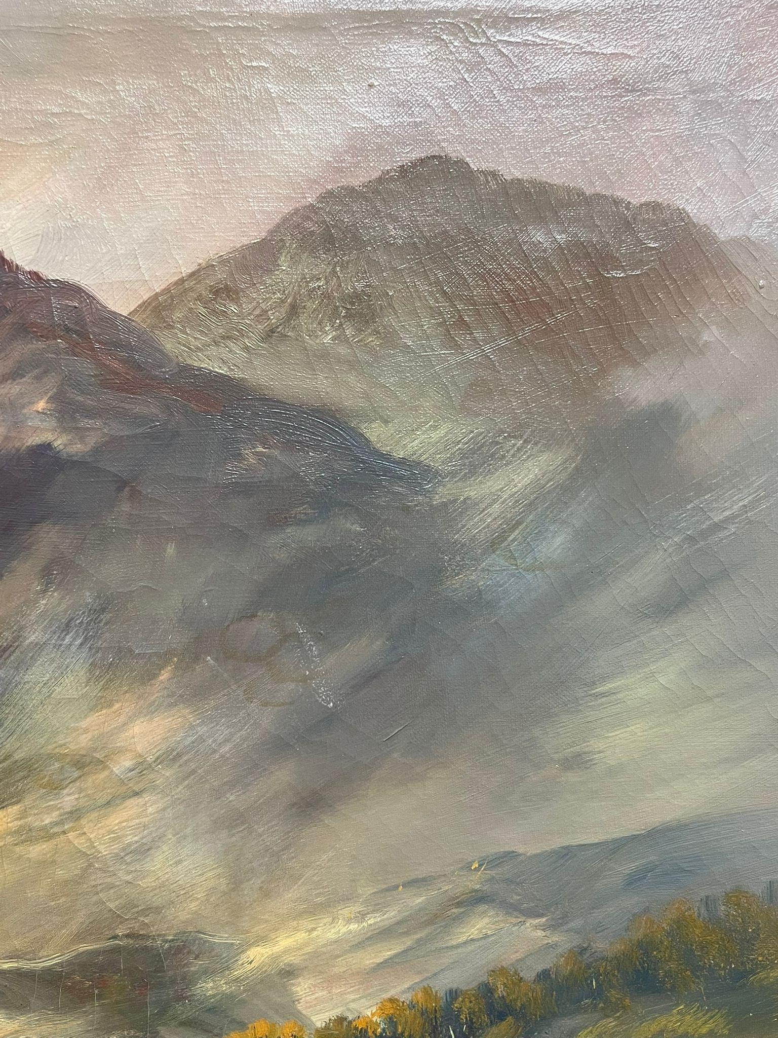 Antique Scottish Highland Landscape Oil Painting Figure by Loch Cottage For Sale 3