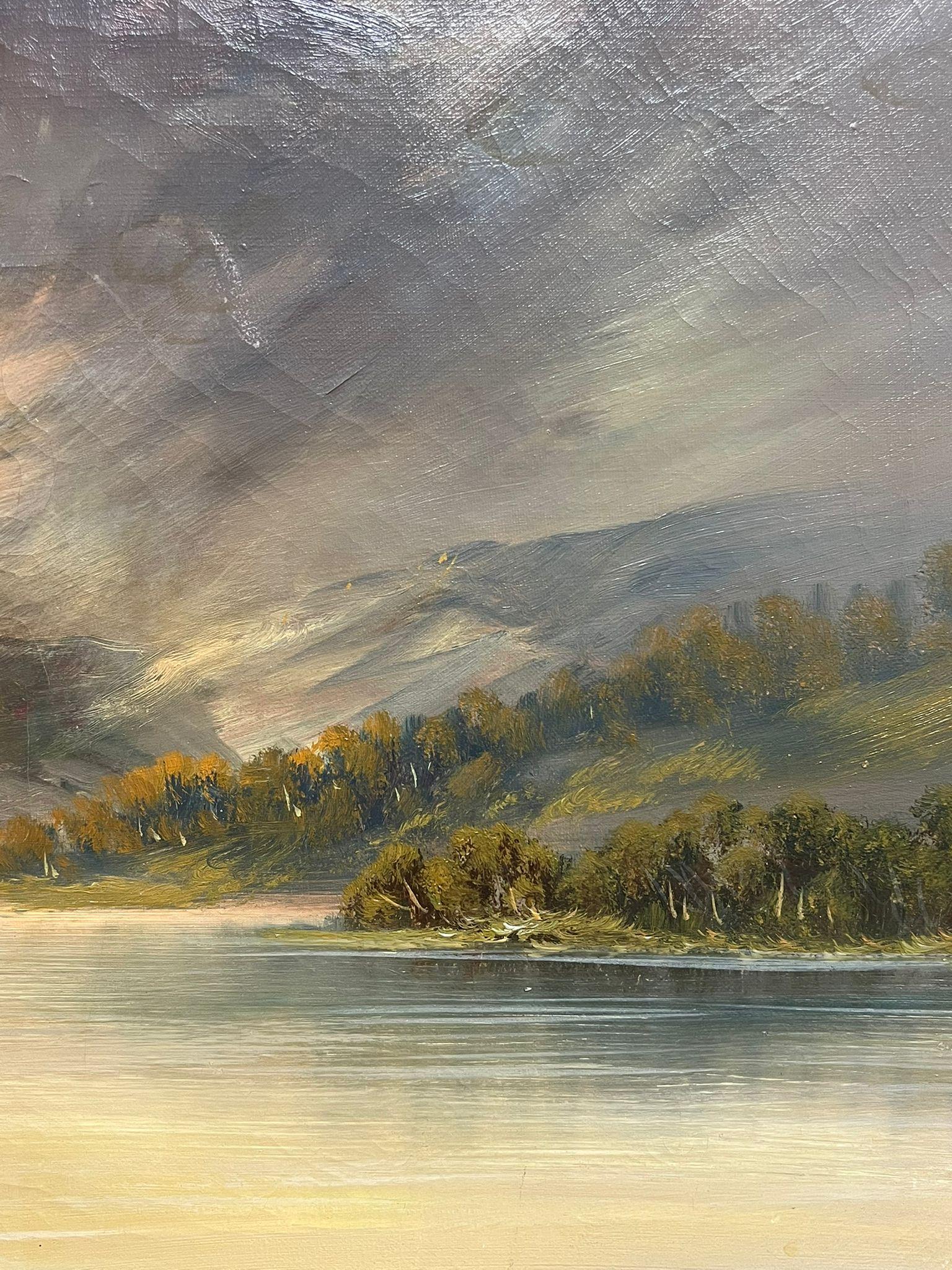 Antique Scottish Highland Landscape Oil Painting Figure by Loch Cottage For Sale 4
