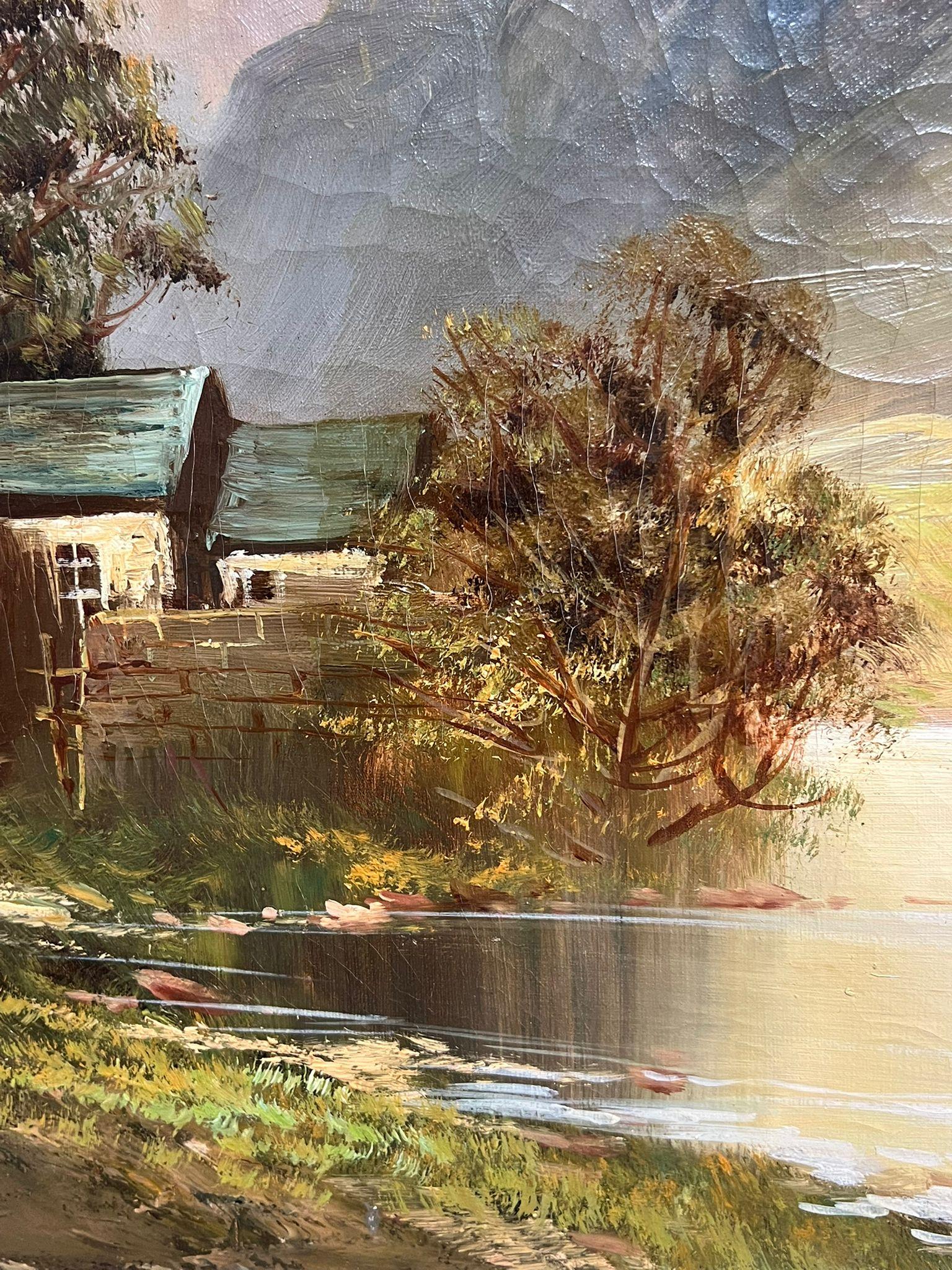 Antique Scottish Highland Landscape Oil Painting Figure by Loch Cottage For Sale 5