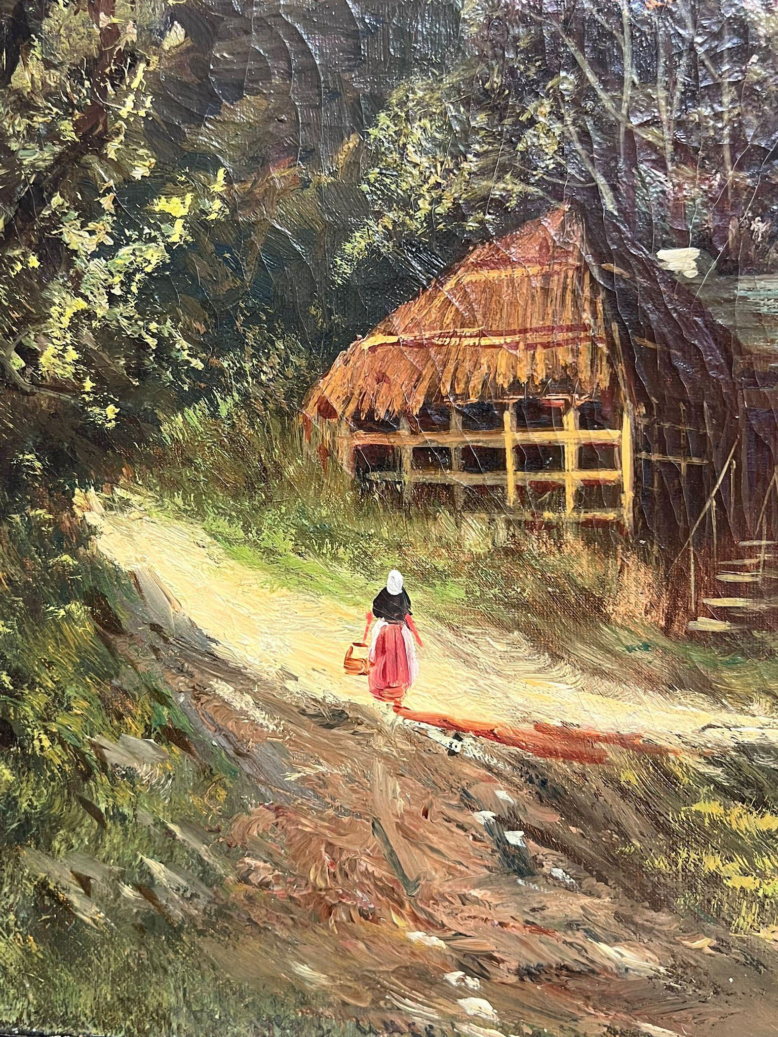 Antique Scottish Highland Landscape Oil Painting Figure by Loch Cottage For Sale 6