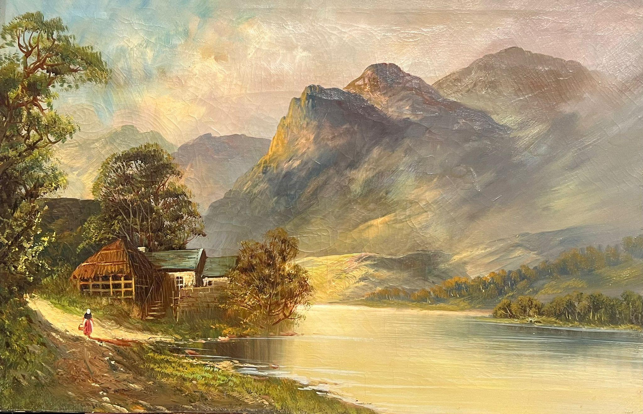 F. E. Jamieson Landscape Painting - Antique Scottish Highland Landscape Oil Painting Figure by Loch Cottage