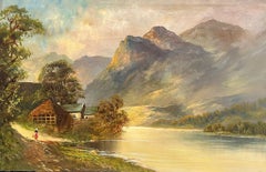 Antique Scottish Highland Landscape Oil Painting Figure by Loch Cottage