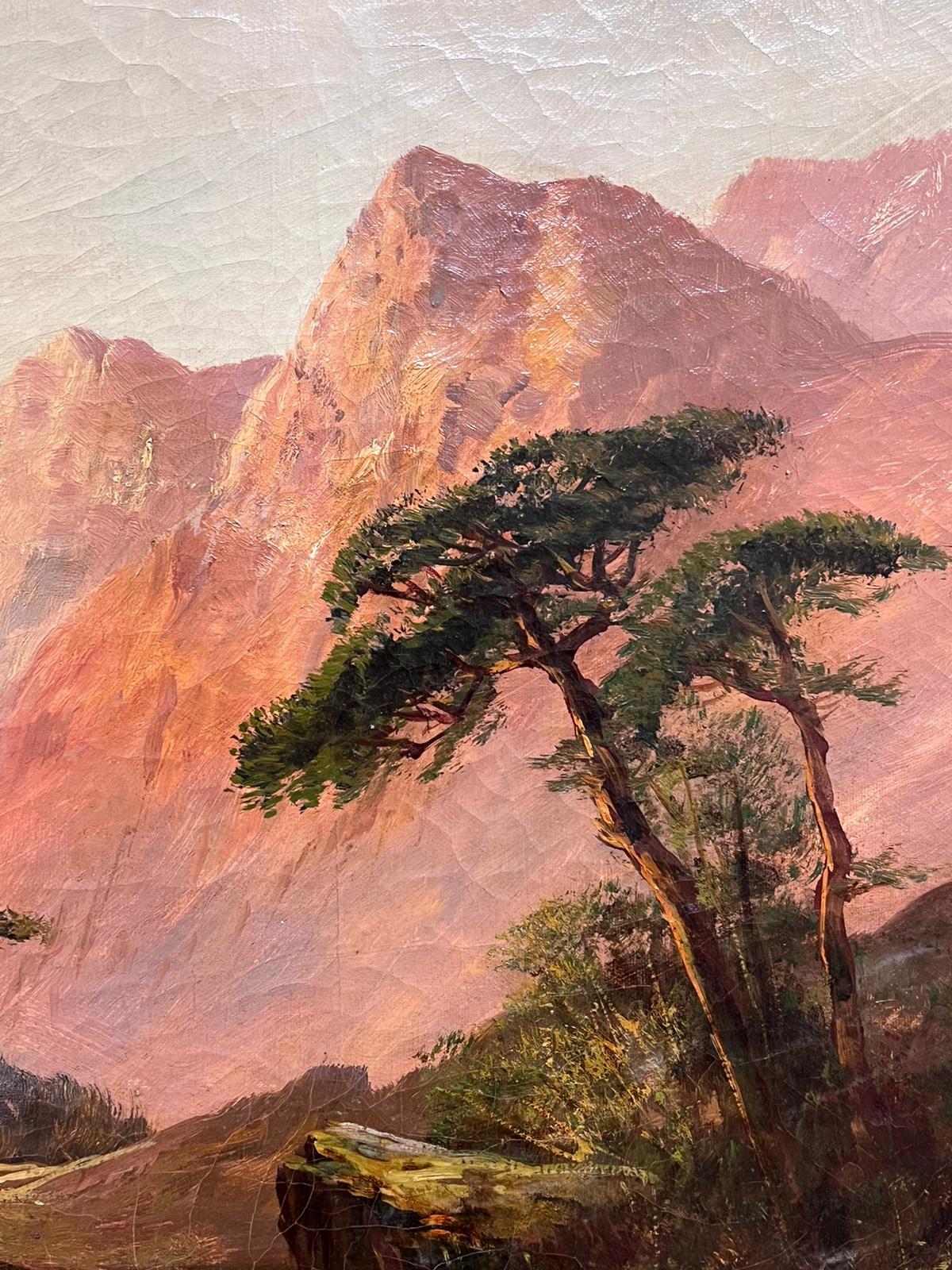 Antique Scottish Highland Landscape Oil Painting Figures Walking Sunset Glen For Sale 8