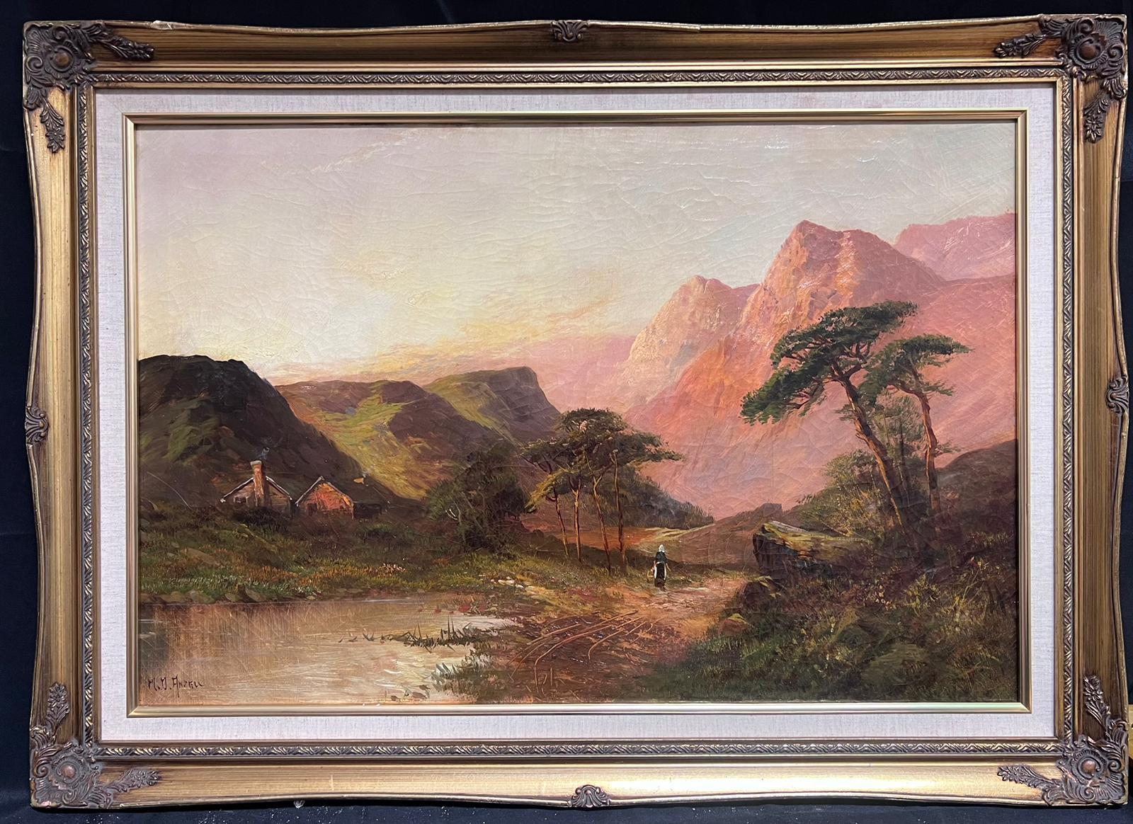 Antique Scottish Highland Landscape Oil Painting Figures Walking Sunset Glen - Brown Landscape Painting by F. E. Jamieson