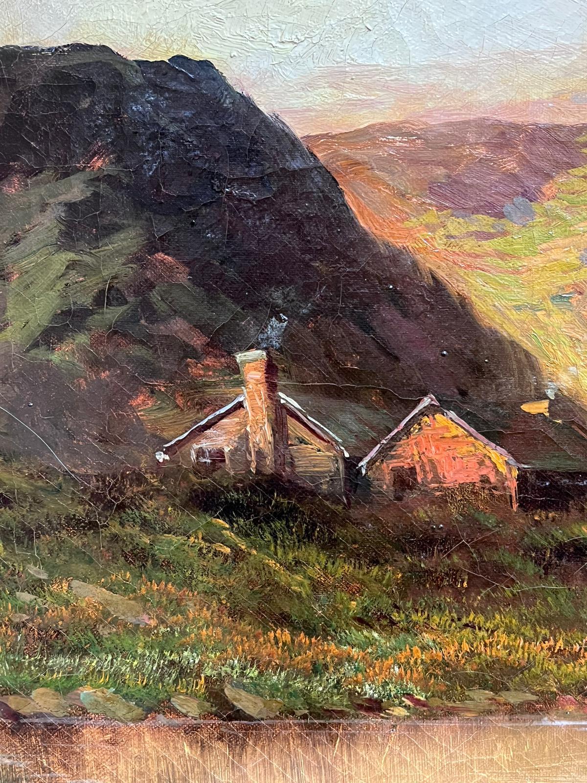 Antique Scottish Highland Landscape Oil Painting Figures Walking Sunset Glen For Sale 4