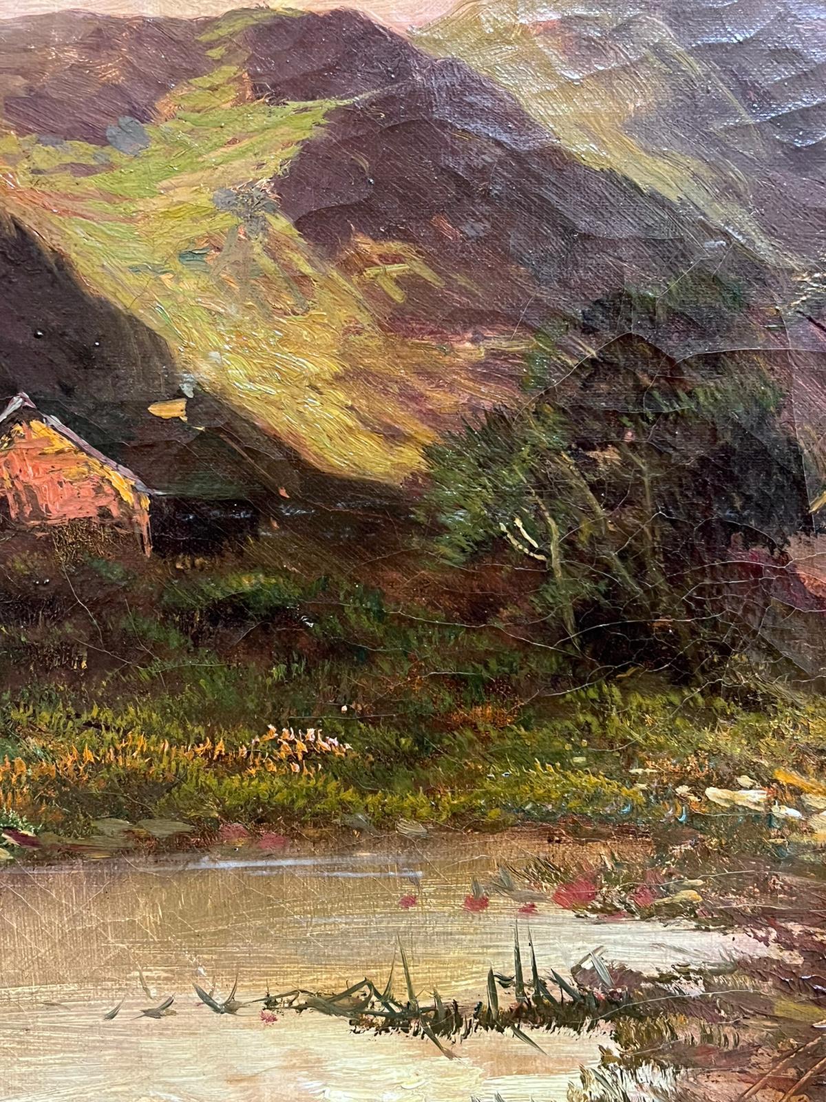 Antique Scottish Highland Landscape Oil Painting Figures Walking Sunset Glen For Sale 5