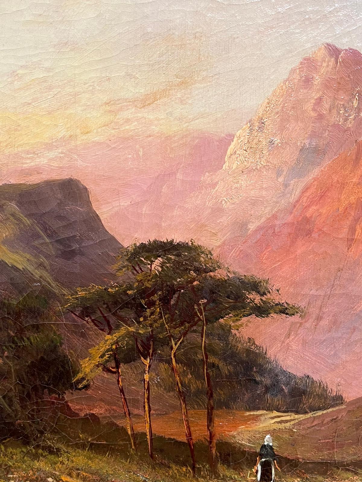 Antique Scottish Highland Landscape Oil Painting Figures Walking Sunset Glen For Sale 7