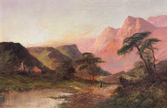 Antike schottische Highland-Landschaft, Ölgemälde, Figuren, beim Sonnenuntergang, Glen