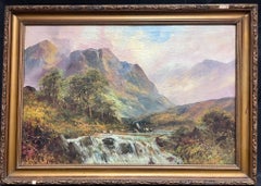Antique Scottish Highland Landscape Oil Painting Full Spate River in Mountains