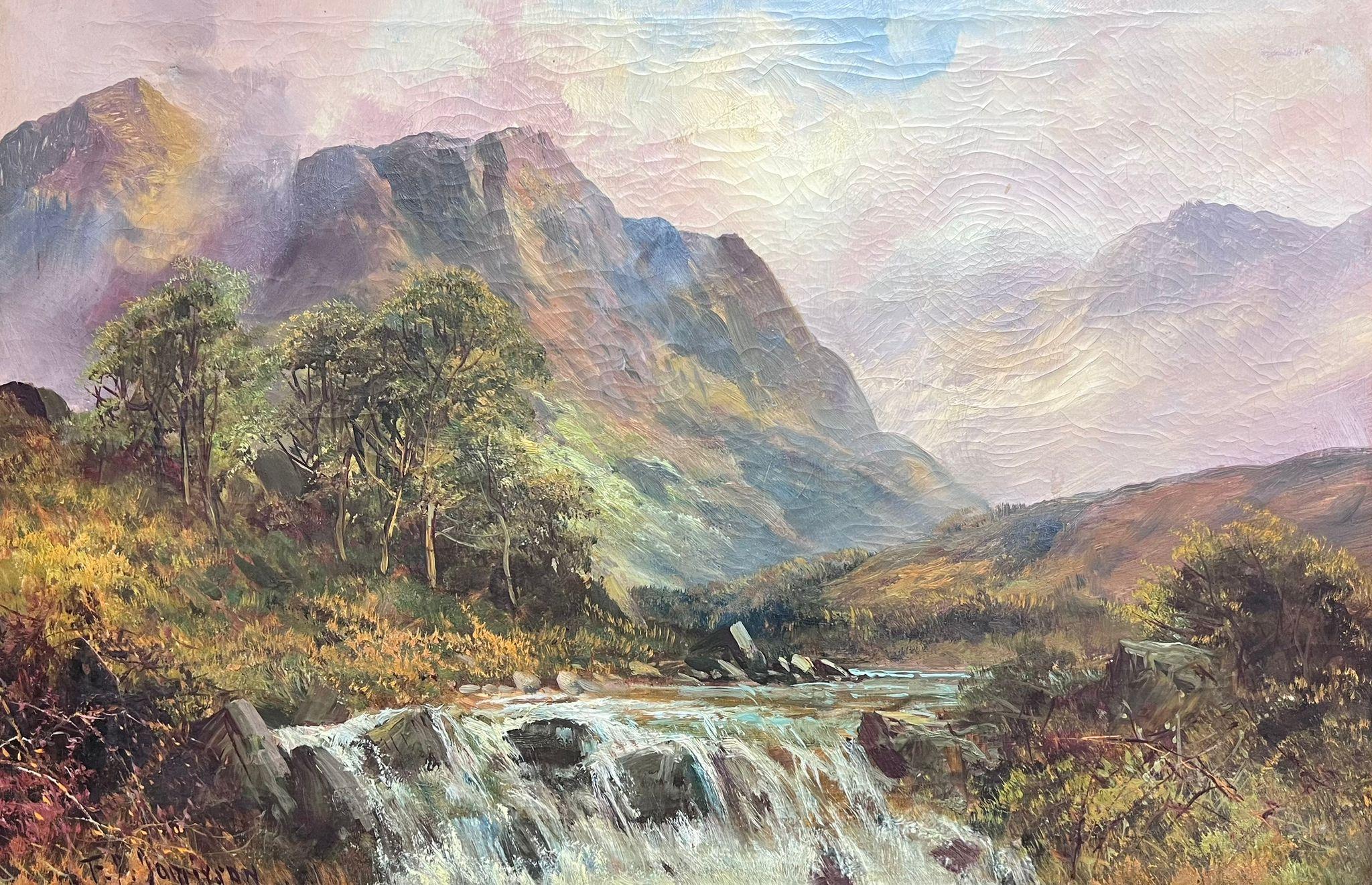 F. E. Jamieson Landscape Painting - Antique Scottish Highland Landscape Oil Painting Full Spate River in Mountains