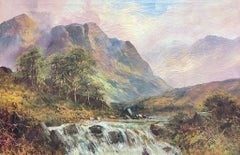 Antique Scottish Highland Landscape Oil Painting Full Spate River in Mountains