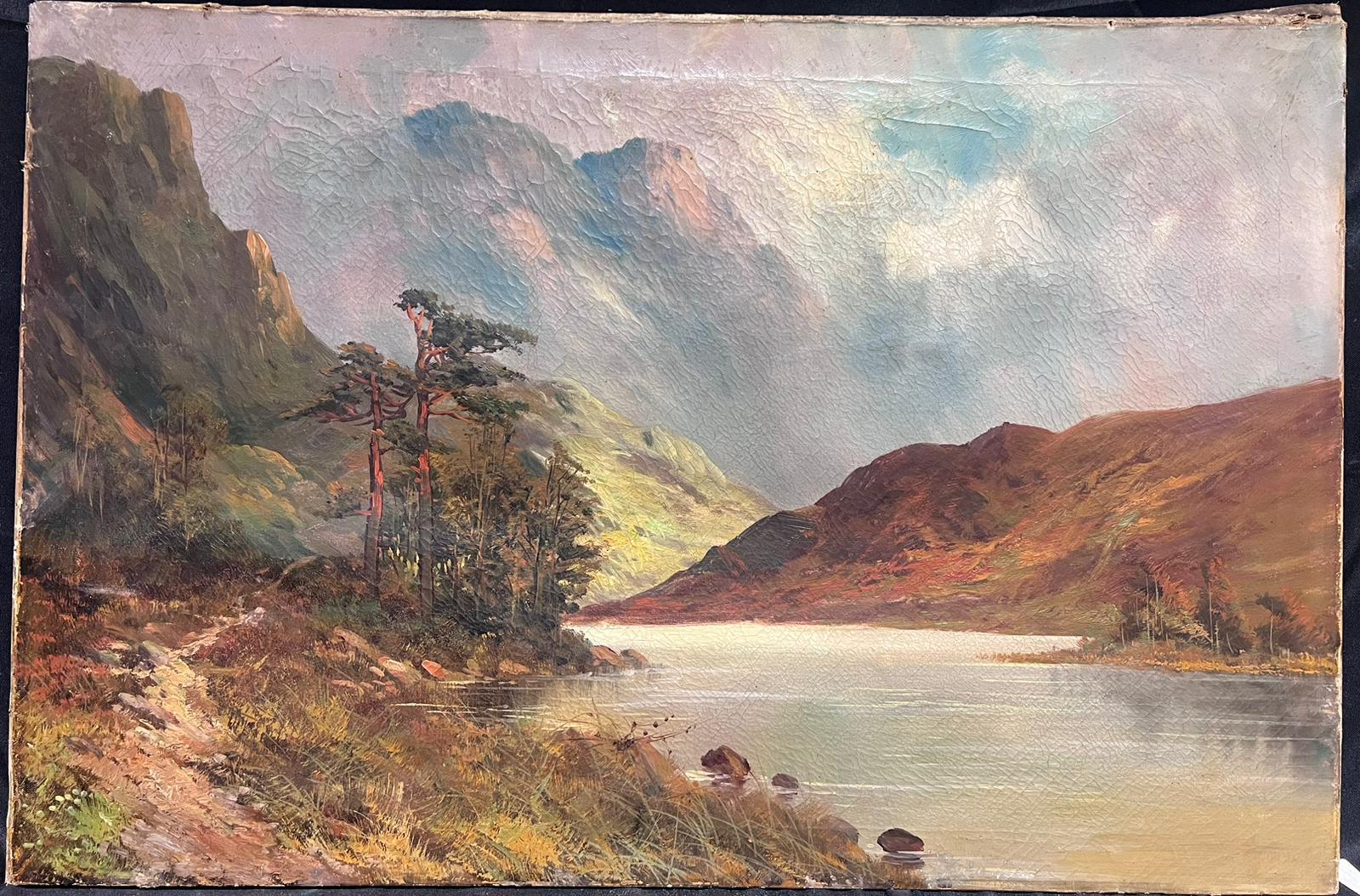 Antique Scottish Highland Landscape Oil Painting Sunshine over Loch Waters - Brown Landscape Painting by F. E. Jamieson