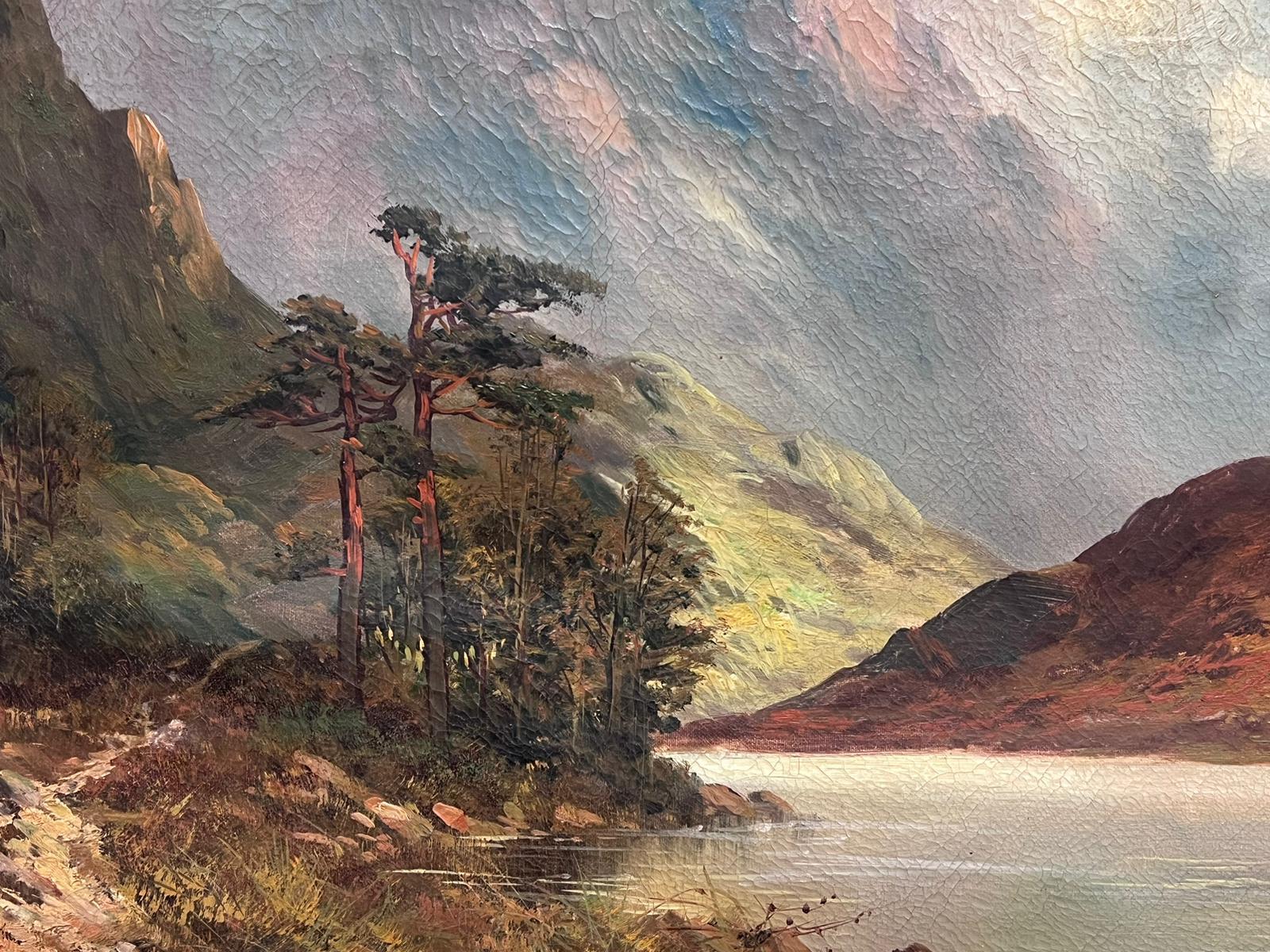 Antique Scottish Highland Landscape Oil Painting Sunshine over Loch Waters For Sale 5