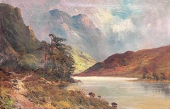 Peinture à l'huile ancienne de paysage écossais des Highlands, ensoleillée au-dessus de Loch Waters