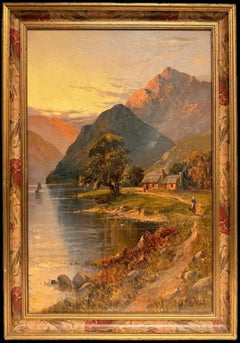 Antike schottische Hochland-Landschaftsmalerei Lochside Cottage Sonnenuntergang Berge