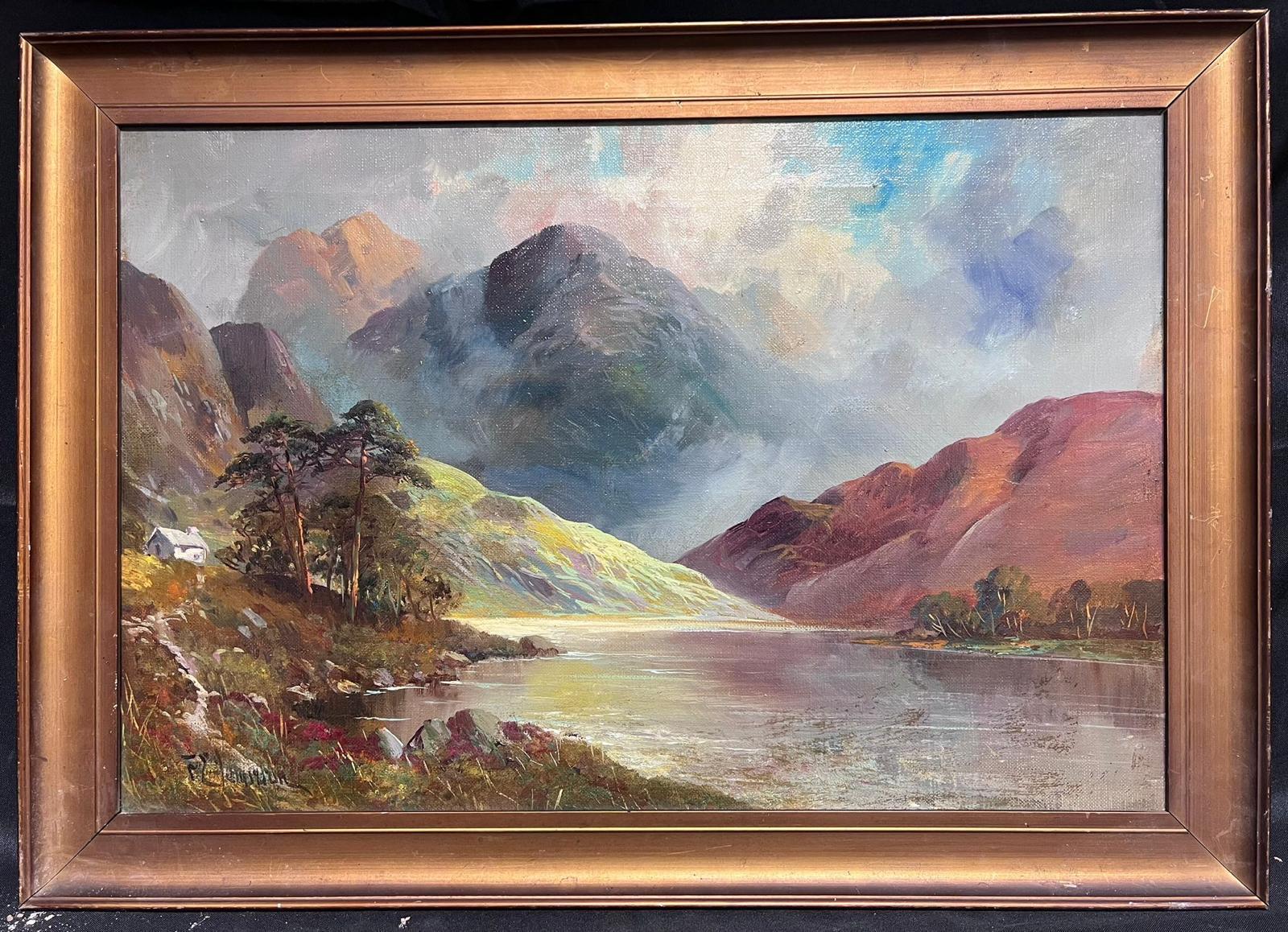 Antike schottische Highland-Landschaft, signiertes Ölgemälde, Loch in Mountains – Painting von F. E. Jamieson