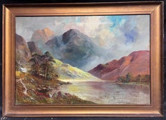Antique Scottish Highland Landscape Signed Oil Painting Loch in Mountains