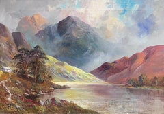 Antique paysage des Highlands écossais signé Loch in Mountains