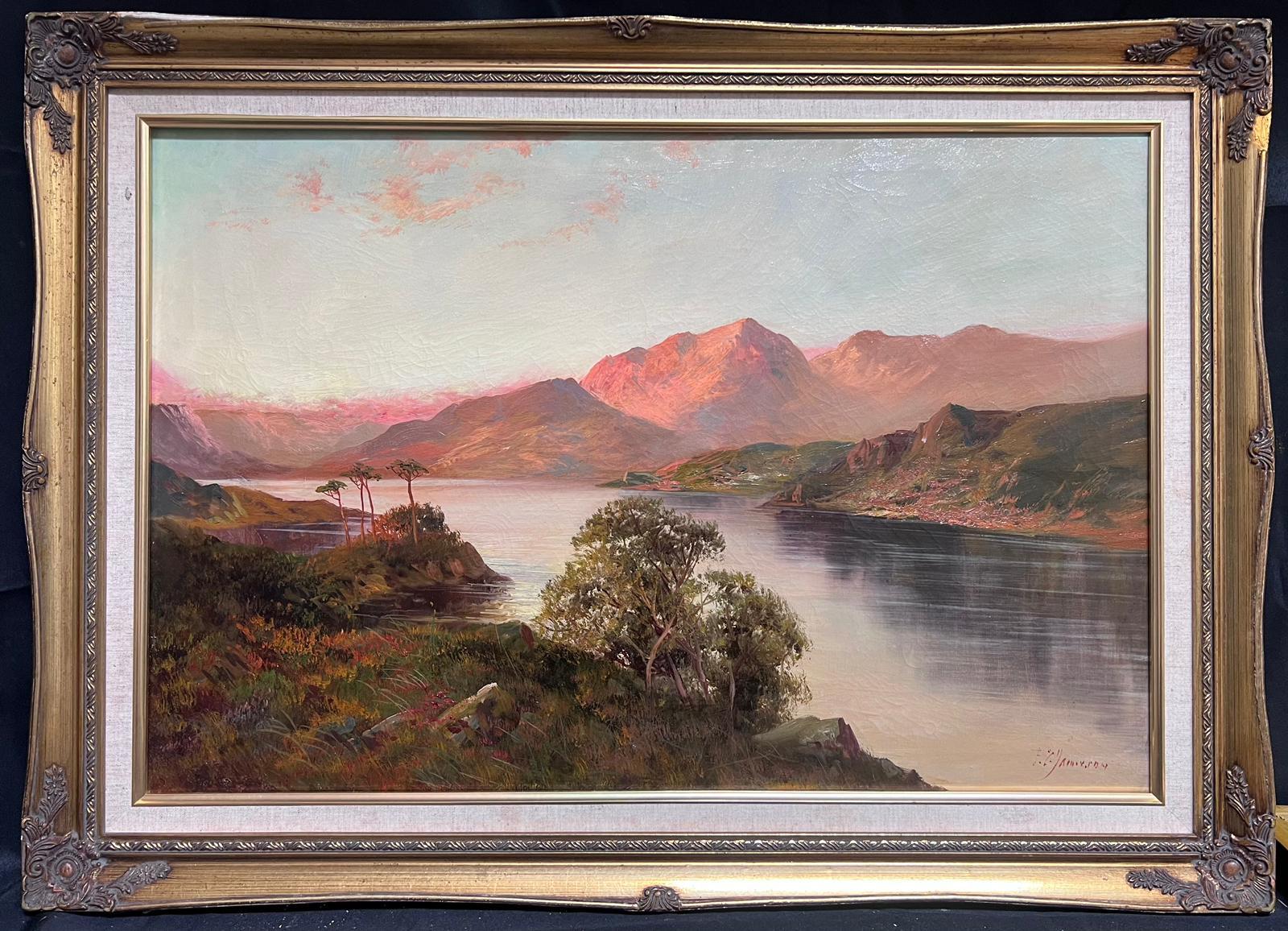 Antique Scottish Highland Landscape Sunset over Majestic Loch Waters oil  - Painting by F. E. Jamieson