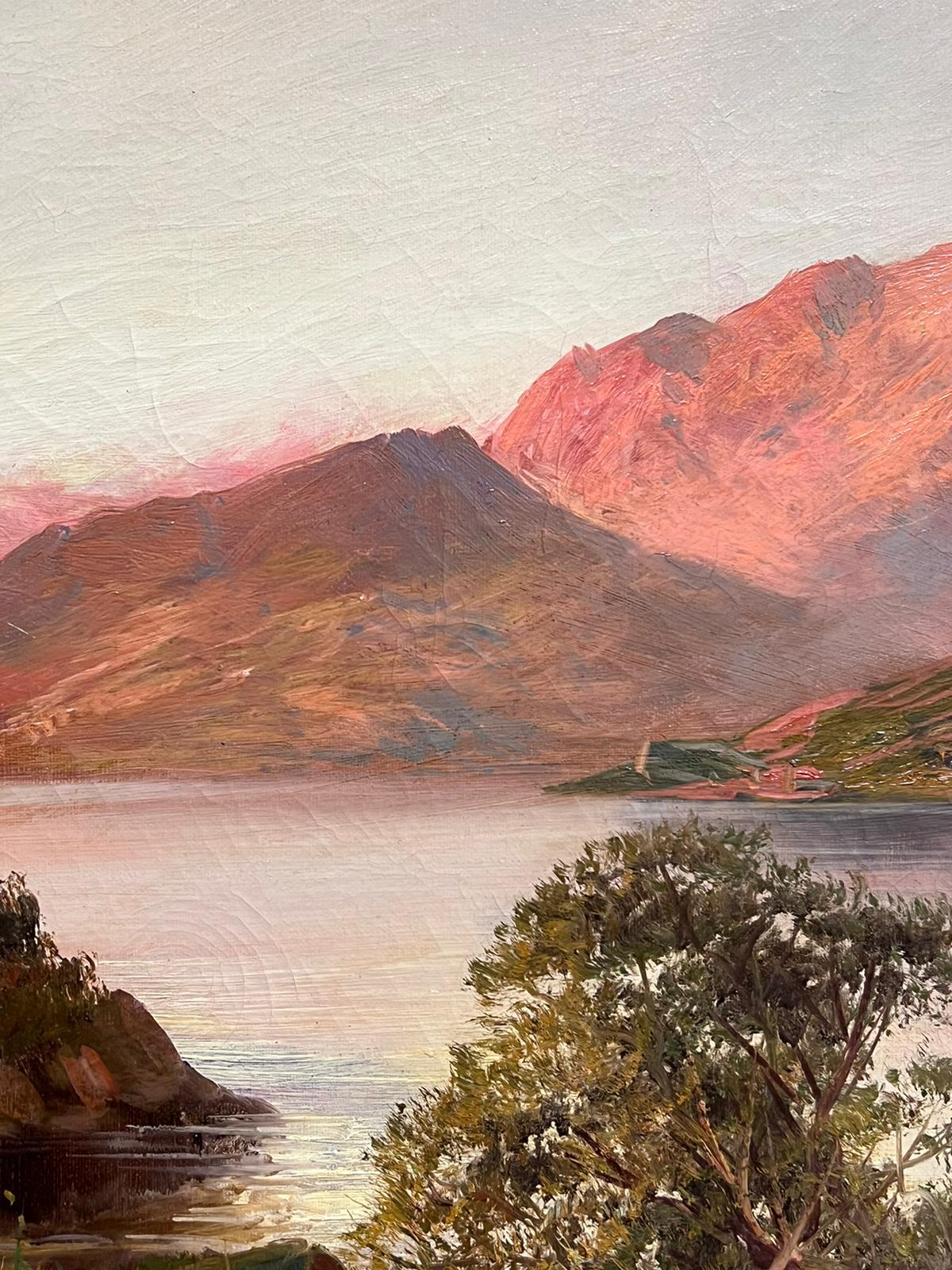 Antique Scottish Highland Landscape Sunset over Majestic Loch Waters oil  - Victorian Painting by F. E. Jamieson