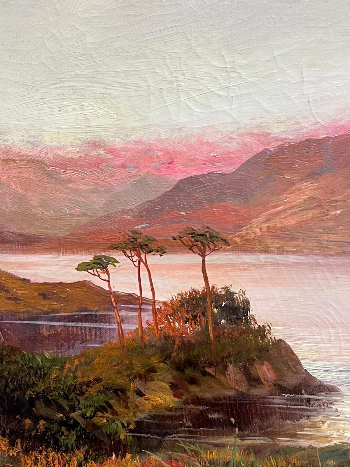 Antique Scottish Highland Landscape Sunset over Majestic Loch Waters oil  For Sale 2