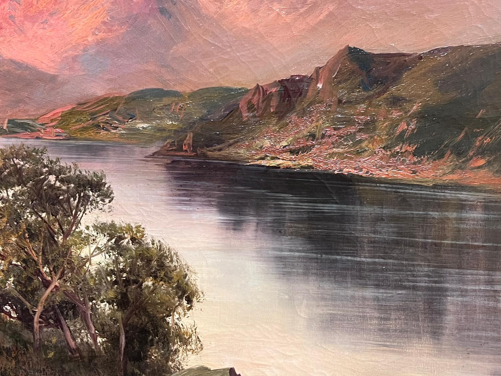 Antique Scottish Highland Landscape Sunset over Majestic Loch Waters oil  For Sale 4