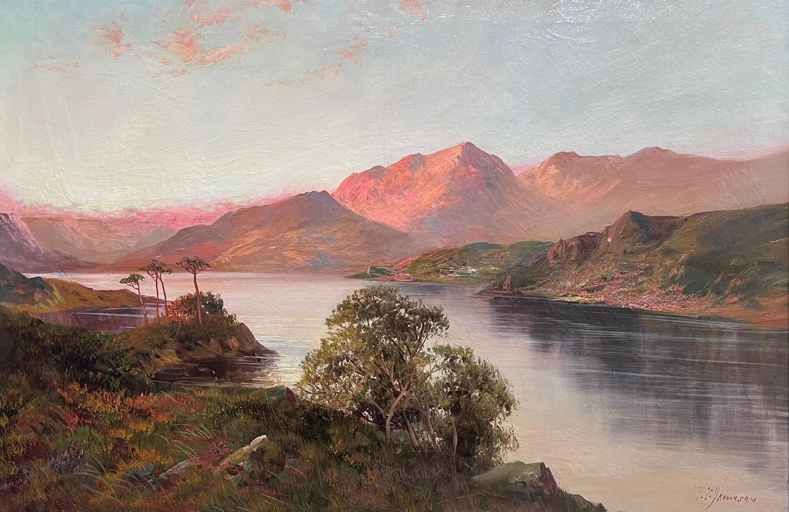 F. E. Jamieson Landscape Painting – Antike schottische Highland-Landschaft, Sonnenuntergang über prächtigem Lochwasser, Öl 