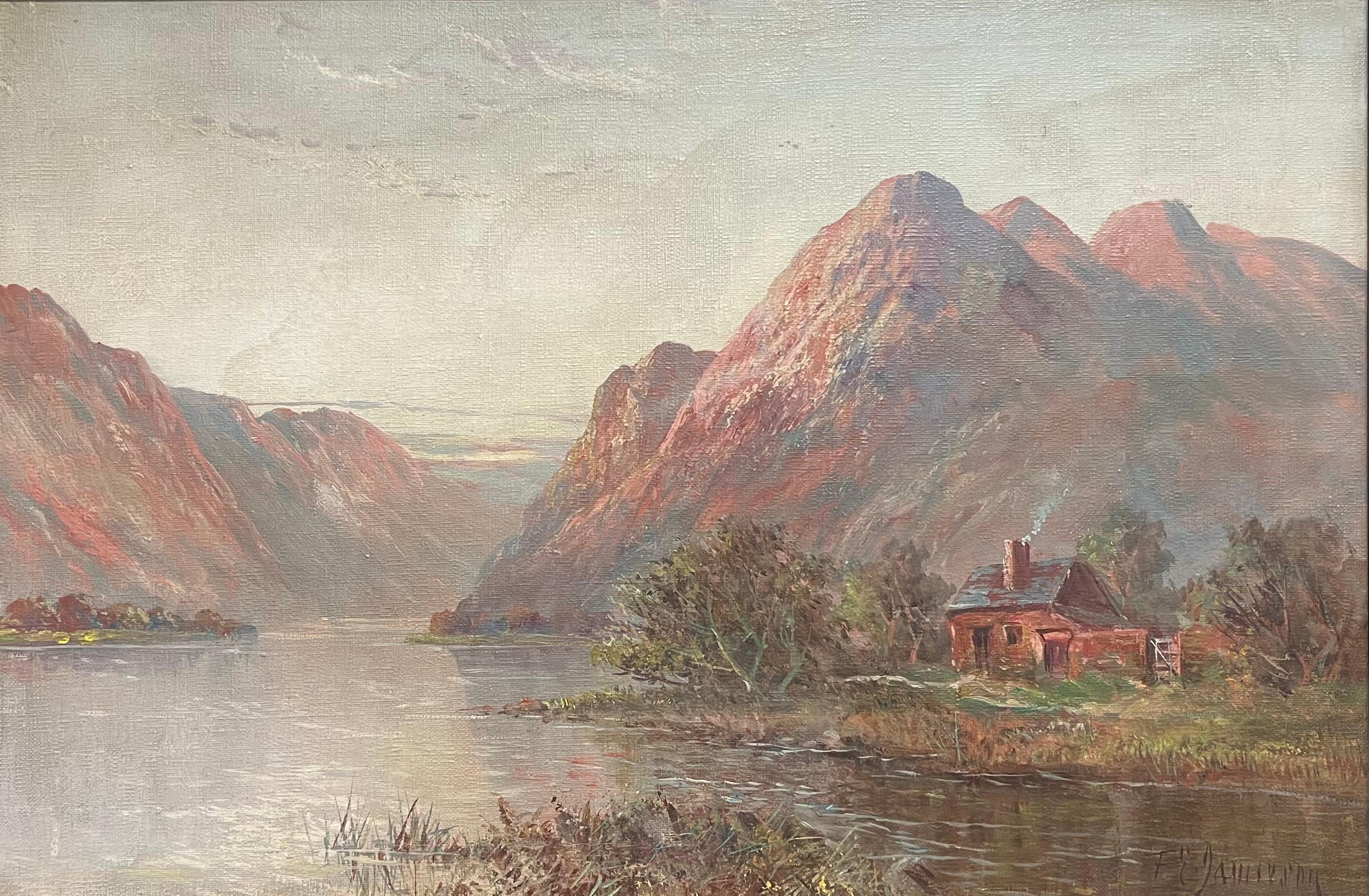 Ancien chalet de bord de lac écossais Highland Quiet dans l'ombre de Lochgoilhead - Victorien Painting par F. E. Jamieson