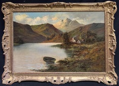 Antique Scottish Highland Scene Loch Shiel Boat Cottage Mountains Oil Painting