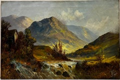 Antique Scottish Highlands Landscape Signed Oil Painting River through Glen