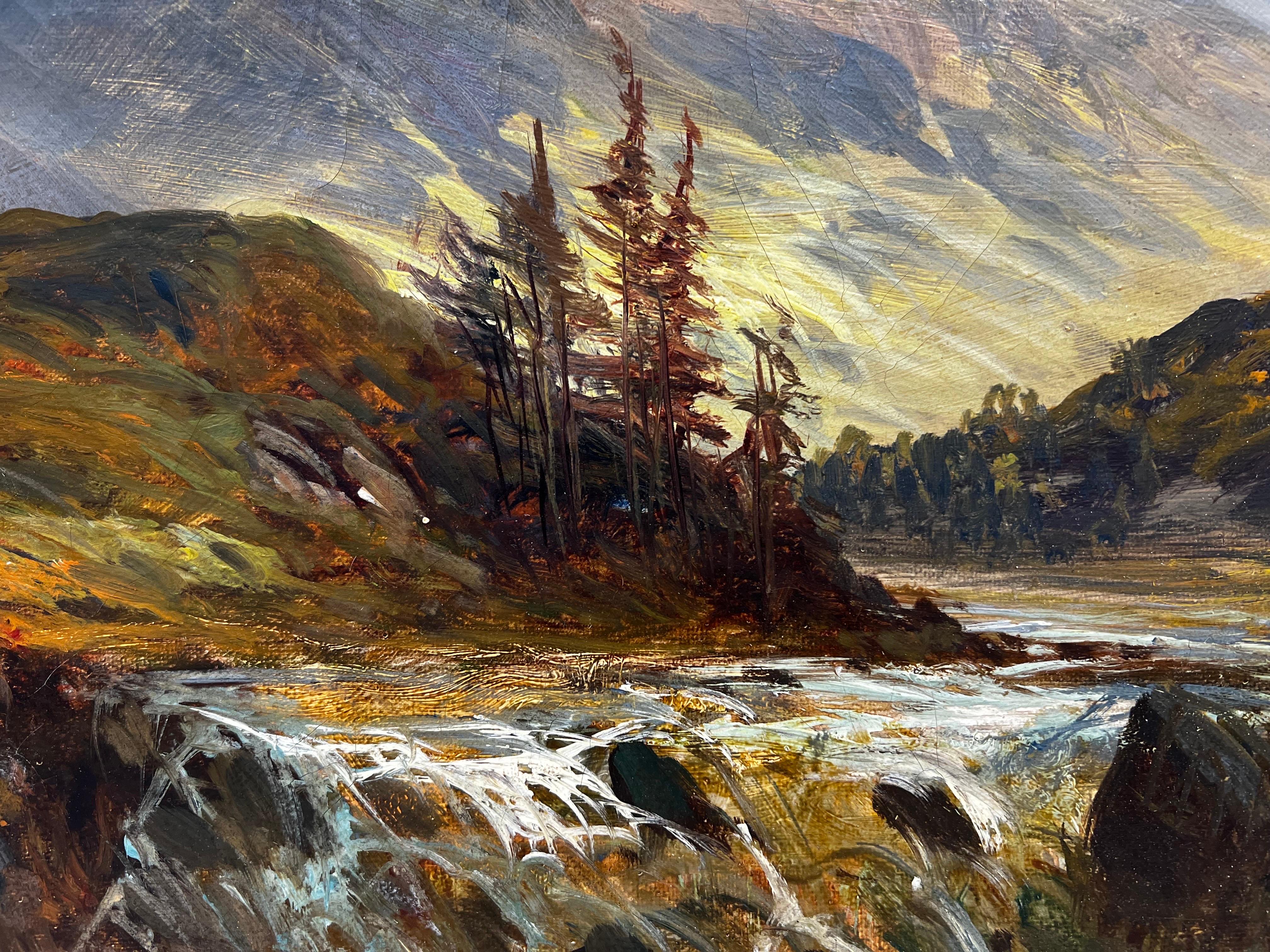 Antique Scottish Highlands Landscape Signed Oil Painting River through Glen For Sale 2