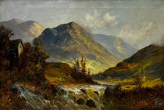 Ancienne peinture à l'huile des Highlands écossais, signée, représentant une rivière à travers Glen