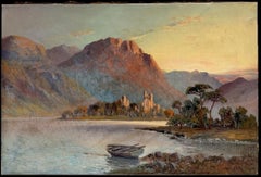 Antique Scottish Highlands Loch Awe Kilchurn Castle Golden Sunset Oil Painting