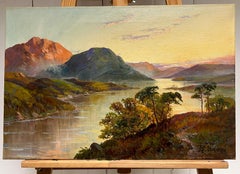 Antike schottische Highlands Loch-Szene bei Sonnenuntergang, signiertes Ölgemälde auf Leinwand