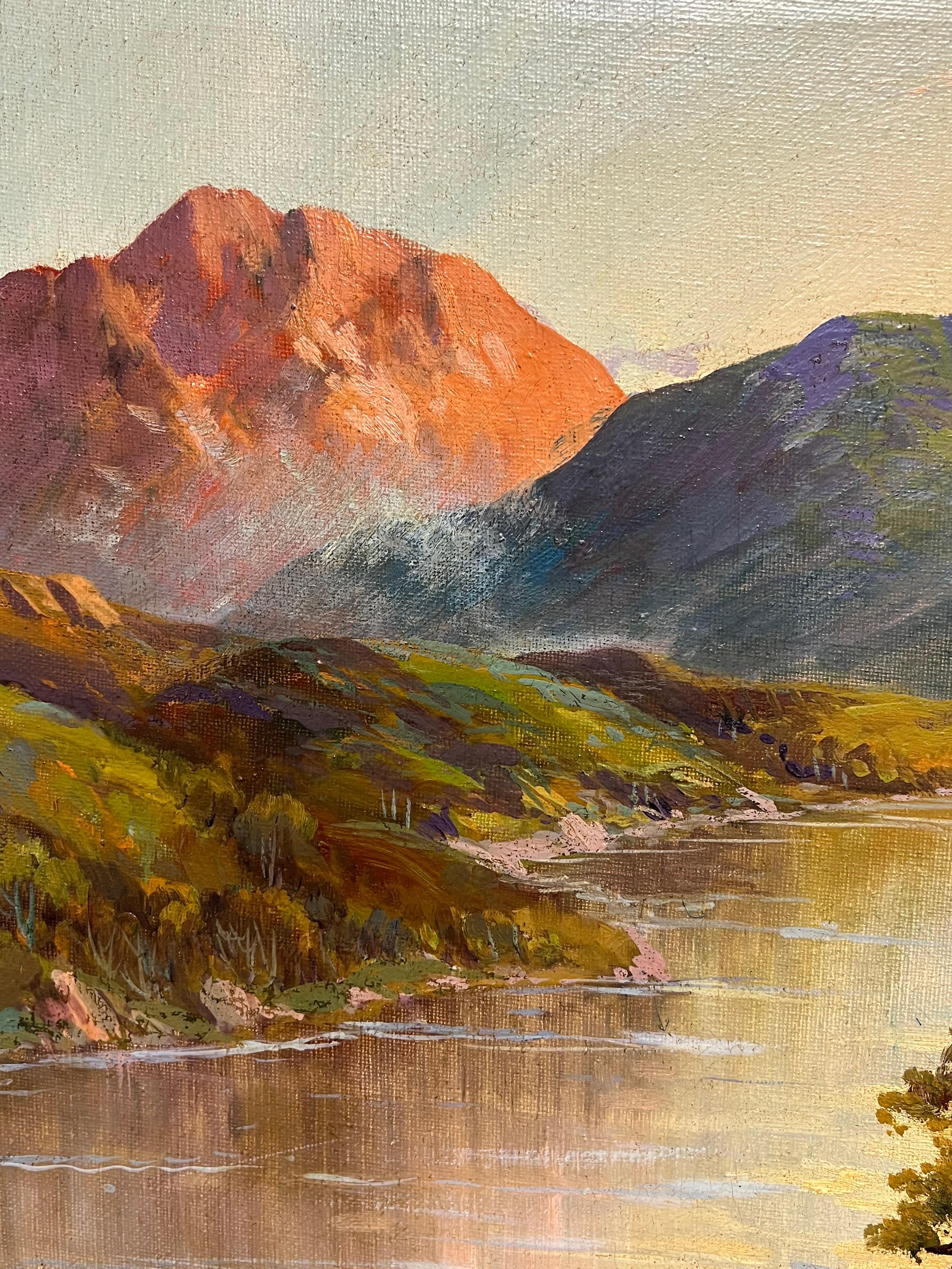 Antico dipinto a olio su tela con firma di un pittore delle Highlands scozzesi con scena del lago al tramonto - Painting Vittoriano di F. E. Jamieson