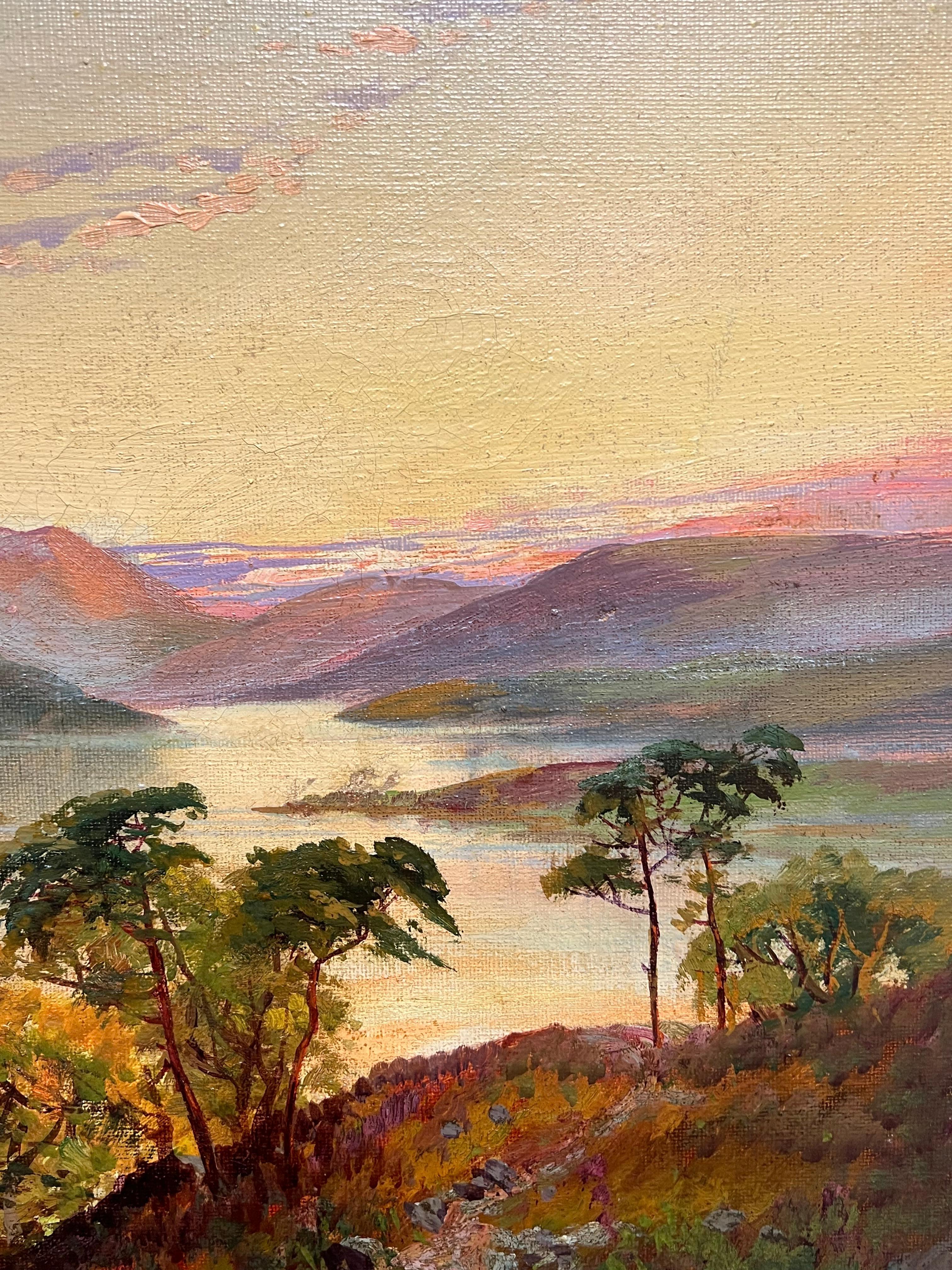 Tramonto sul Loch delle Highlands
firmato da F. E. A. Jamieson (Regno Unito 1895-1950)
olio su tela, senza cornice
tela: 16 x 24 pollici
provenienza: collezione privata, Regno Unito
condizioni: Il dipinto è in ottime condizioni. I telai delle